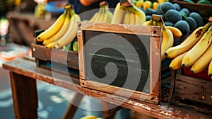 Counter on farmer's market with fresh organic banans, empty chalk board for inscription. Copy space. Generative AI