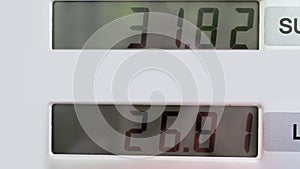 Counter of liters and euro. A panel showing filling a fuel tank at a gas station