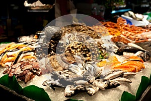 The counter on the market, seafood on ice, mussels,salmon, snapper. The Boqueria Market in Barcelona, Spain.