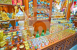 The counter of the perfume stall in Souk Madinat Jumeirah market, Dubai, UAE