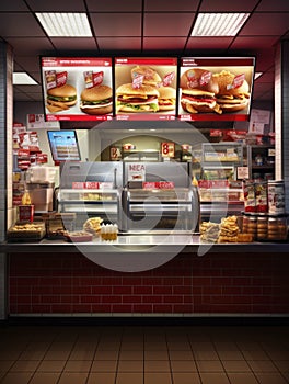 Counter service at hamburger fast food restaurant, Generative AI