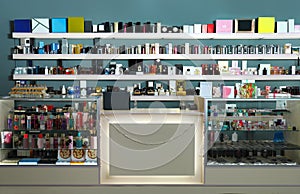 Counter and shelves with perfume bottles in shop