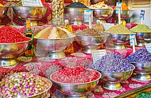 The counter of spice store, Vakil Bazaar, Shiraz, Iran