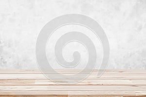 Counter top,perspective blurred wall white or light grey marble stone natural texture with deck brown wooden background design of photo