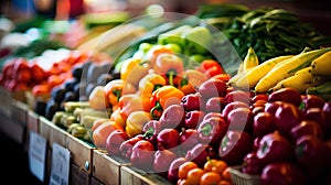 The counter of the vegetable farmer's market: colorful variety of fresh healthy vegetables in the grocery store. The