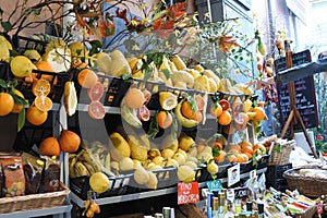 Counter of a vegetable shop. Vegetable shop with fruit and drinks.