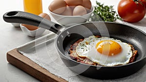 Counter view of a frying pan with a fried egg.