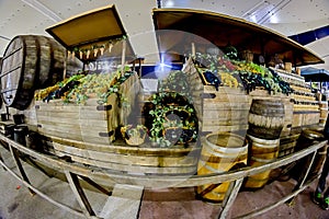 Counter which are boxes of grapes, wine bottles and wooden wine barrels in Italy