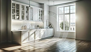 counter with white cabinets in a light, spacious kitchen with a window, located in a modern, empty open-plan
