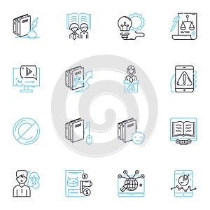 Counterfeit goods linear icons set. Fake, Imitation, Fraud, Counterfeit, Plagiarized, Bootleg, Knockoff line vector and photo