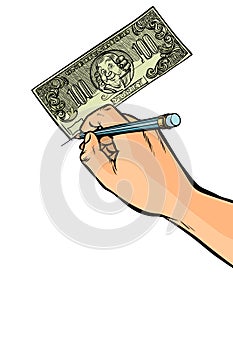 Counterfeiter draws money dollars photo