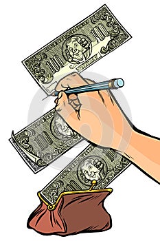 Counterfeiter draws money dollars. Money falls into the purse. I photo