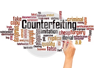 Counterfeiting word cloud and hand writing concept