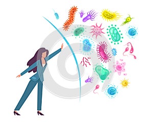 Countering viruses. Fight against coronavirus. Barrier between woman and pathogens. Vaccination and medical prevention