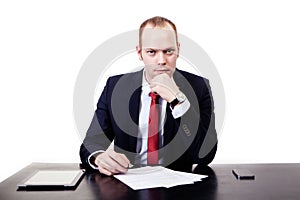 Counterparty at the table with tablet before signing. Isolated on white background