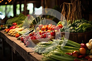 Counters with vegetables and fruits on market