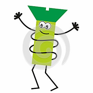 countersunk screw, humorous drawing with eyes, hands and legs, green color on white background, eps.