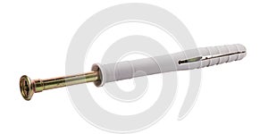 Countersunk self-tapping screw in a plastic dowel isolated on a white background