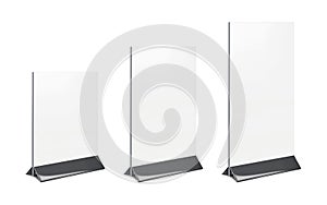 Countertop pop banner stand. Mockup set. Table counter promo graphic holder. Mock-up kit. Blank white trade show display