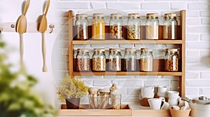 Countertop Spice Rack KItchen Indoor Interior. Kitchenware Utensils on Wooden Strip Indoors Food Store Bunch of Dried Herbs.