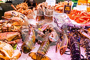 Countertop with various fresh seafood in Boqueria market. Barcelona