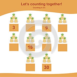 Counting in 3\'s. Counting pineapple for children.