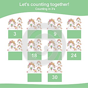 Counting in 3\'s. Counting Unicorn Worksheet