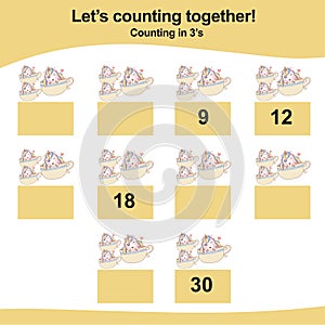 Counting in 3\'s. Counting Unicorn Worksheet