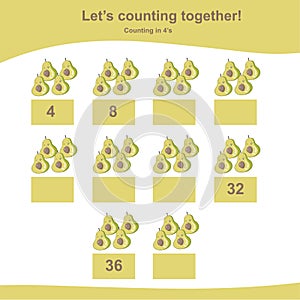 Counting in 4\'s. Counting avocadoes for children. Fruit Counting Math Worksheet