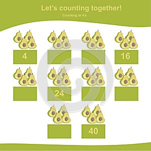 Counting in 4\'s. Counting avocadoes for children. Fruit Counting Math Worksheet