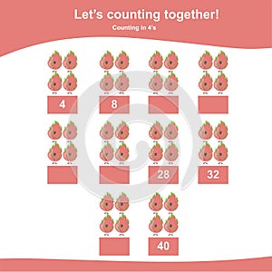 Counting in 4\'s. Counting Dragon Fruit for children. Fruit Counting Math Worksheet.