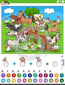 counting and adding activity with cartoon farm animals photo
