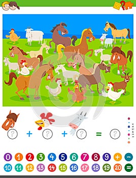 Counting and adding game with cartoon farm animals