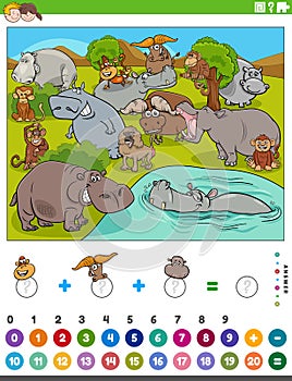 Counting and adding game with cartoon wild animals