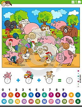 counting and adding task with cartoon farm animals photo