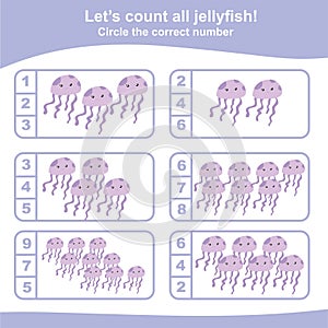 Counting all jellyfish game for Preschool Children. Educational printable math worksheet. Additional math game for kids.