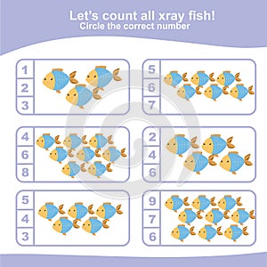 Counting all xray fish game for Preschool Children. Educational printable math worksheet. Additional math game for kids.