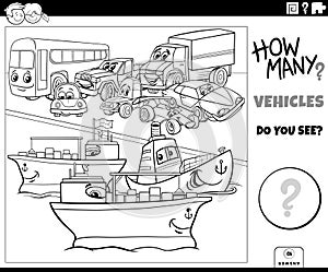 counting cartoon transportation vehicles educational activity coloring page