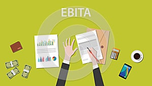 Counting EBITA Earnings Before Interest, Taxes, and Amortization illustration on a table