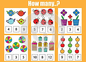 Counting educational children game. How many objects task photo