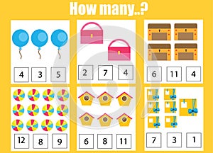 Counting educational children game, kids activity. How many objects task