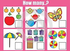 Counting educational children game, kids activity. How many objects task