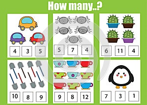 Counting educational children game, kids activity. How many objects task