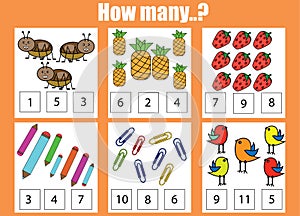 Counting educational children game, kids activity. How many objects task