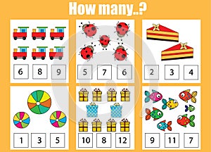 Counting educational children game, kids activity. How many objects task