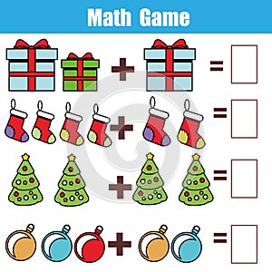 Counting educational children game, kids activity. How many objects task. Christmas, new year winter holidays theme