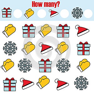 Counting educational children game, kids activity. How many objects task. Christmas, new year winter holidays theme