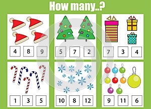 Counting educational children game, kids activity. How many objects task, christmas theme
