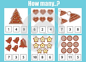 Counting educational children game, kids activity. How many objects task. New Year and christmas theme