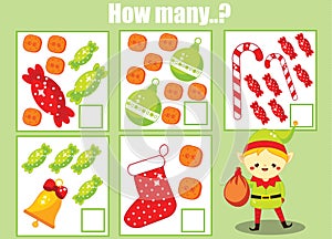 Counting educational children game, kids activity. How many objects task. New Year and christmas theme